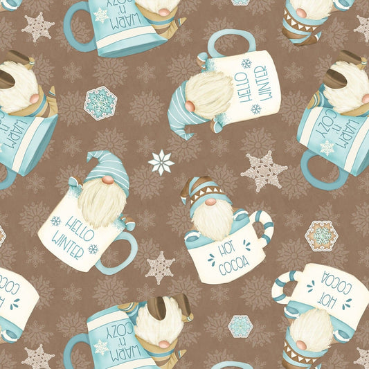 I Love SN'Gnomes by Shelly Comisky Hot Cocoa Cup Gnomes Brown F9640-33 100% Cotton Flannel Fabric