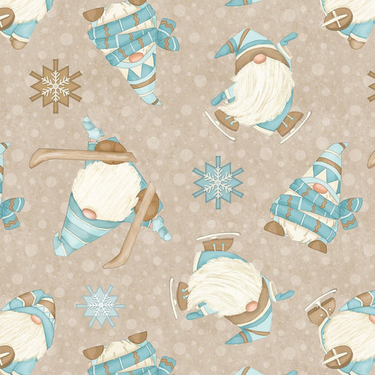 I Love SN'Gnomes by Shelly Comisky Skiing Gnomes Beige F9641-33 100% Cotton Flannel Fabric