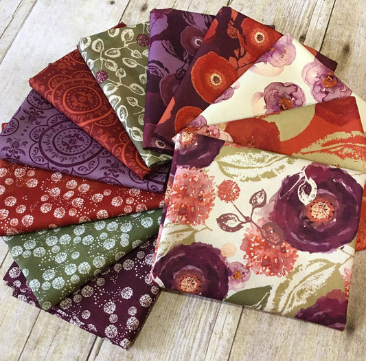 Mulberry Blooms by Sara B Tufts on Sage Cotton Woven Fabric