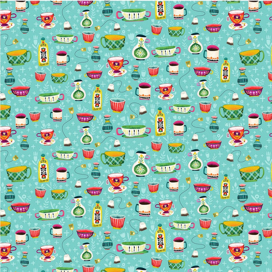 Positivi-Tea by Lori Danelle Passion for Tea Teal DDC9913-TEAL Cotton Woven Fabric