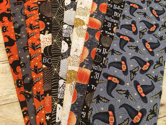 Midnight Spell by First Blush Studio Metallic Tossed Pumpkins on Black 6953M-99 Cotton Woven Fabric