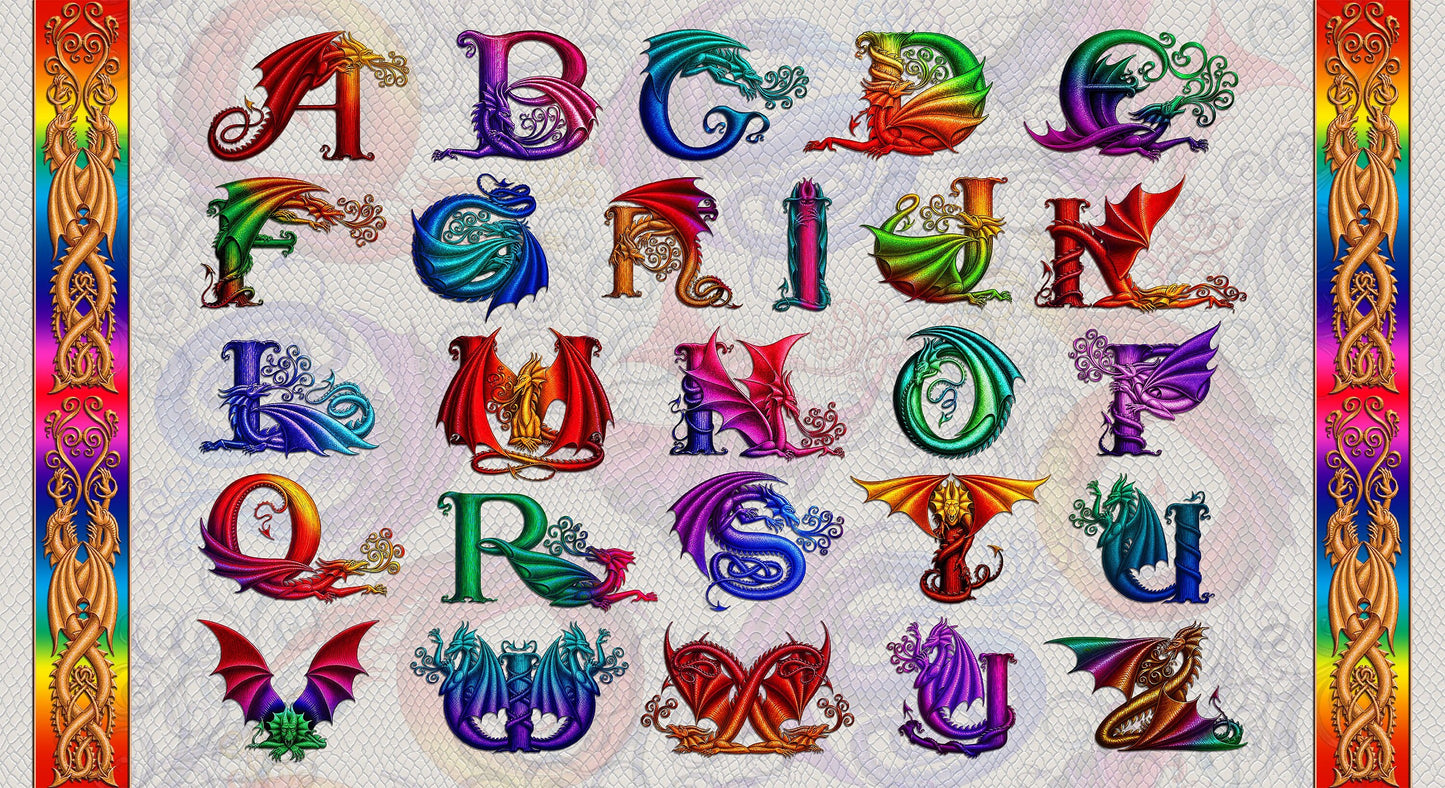 Rainbow Dragon by Sue Ellen Brown 24" Panel Alphabet Ecru 5849P-44 Digitally Printed Cotton Woven Fabric Panel