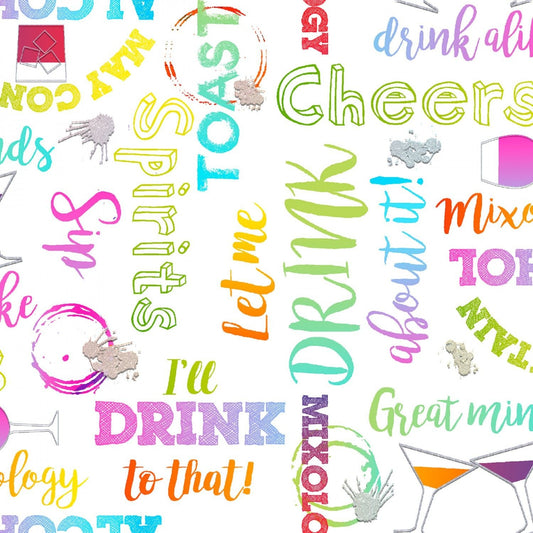 Mixology with Silver Glitter Words White Glitter 18018-WHT Cotton Woven Fabric