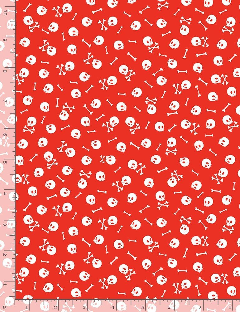 Walk the Plank! Tossed Skulls and Bones Red FUN-C8930 RED Cotton Woven Fabric