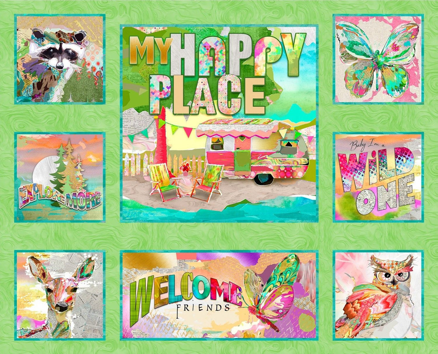 My Happy Place by Connie Haley 35" Panel Camper Green 18043-GRN Digitally Printed Cotton Woven Panel