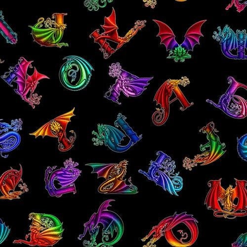 Rainbow Dragons by Sue Ellen Brown Alphabet Black 5847-99 Digitally Printed Cotton Woven Fabric