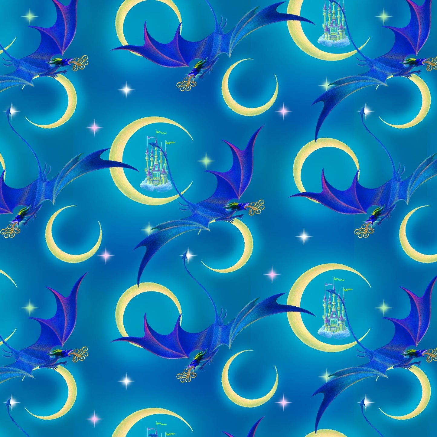 Rainbow Dragons by Sue Ellen Brown Moon Light Dragon Cyan 5844-76  Digitally Printed Cotton Woven Fabric