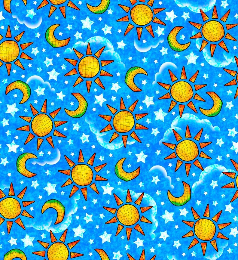 A Child's Prayer by Cindy Sepp Suns & Moons Blue 28302B Cotton Woven Fabric