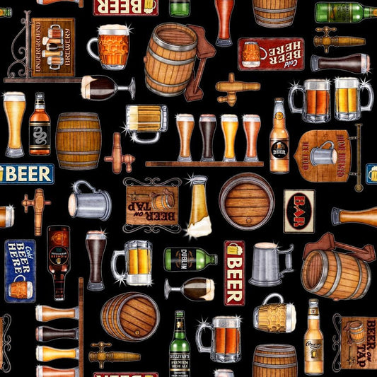 On Tap by Dan Morris Beer Motifs Black 28419J Cotton Woven Fabric