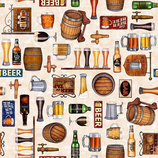 On Tap by Dan Morris Beer Motifs Cream 28419E Cotton Woven Fabric