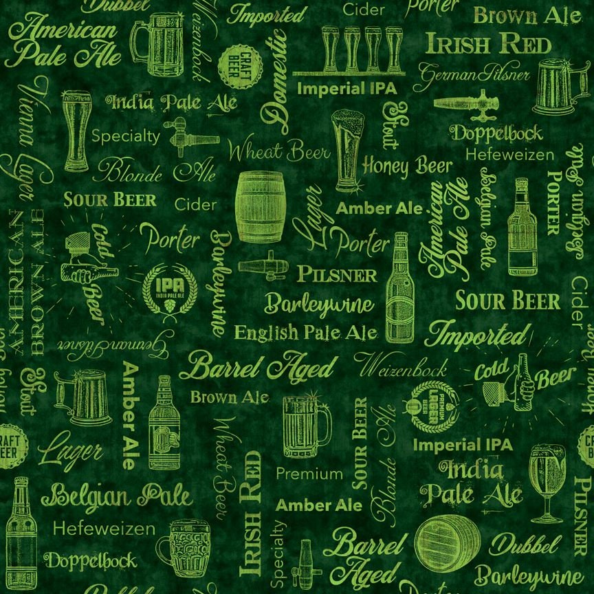 On Tap by Dan Morris Text Green 28424F Cotton Woven Fabric