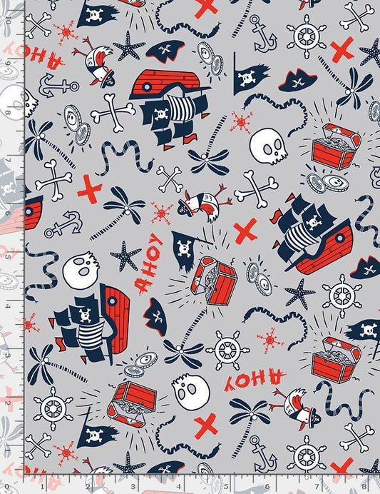 Walk the Plank! Tossed Pirate Ships & Skulls Silver FUN-C8926 SILVER Cotton Woven Fabric