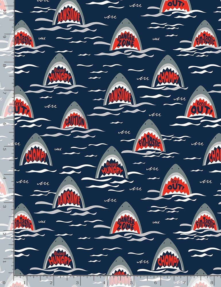 Walk the Plank! Scary Sharks Nautical FUN-C8927 NAUTICAL Cotton Woven Fabric