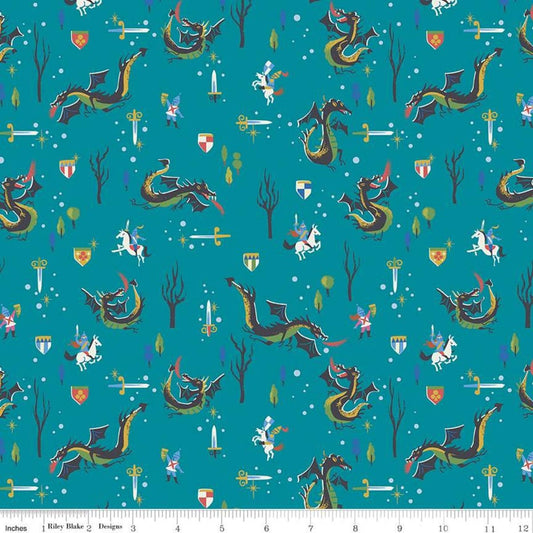 Little Brier Rose by Jill Howarth Dragons Teal Sparkle SC11072-TEAL Cotton Woven Fabric