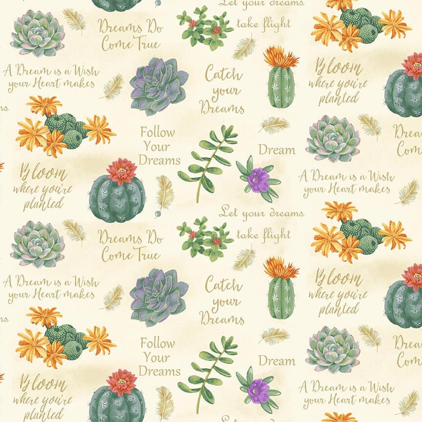 Dream Catcher by Jane Alison Succulents and Sayings 9746 46 Cotton Woven Fabric