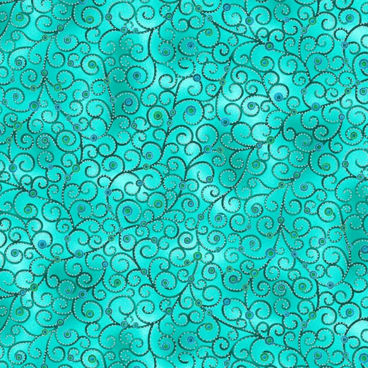 Ovarian Cancer Inspiration Collection Scroll Teal M1762-76 Metallic Cotton Woven Fabric