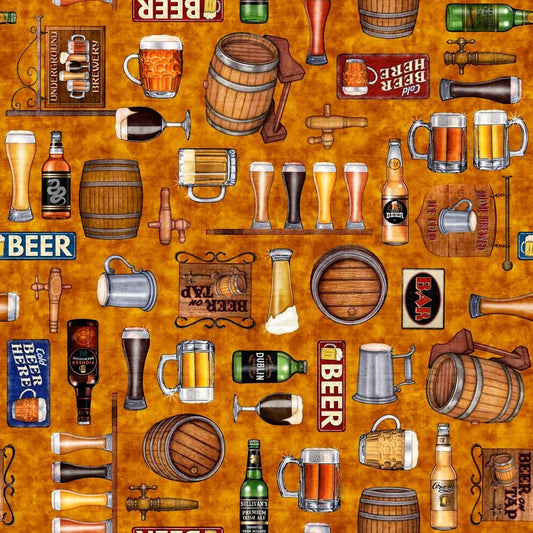 On Tap by Dan Morris Beer Motifs Butterscotch 28419S Cotton Woven Fabric