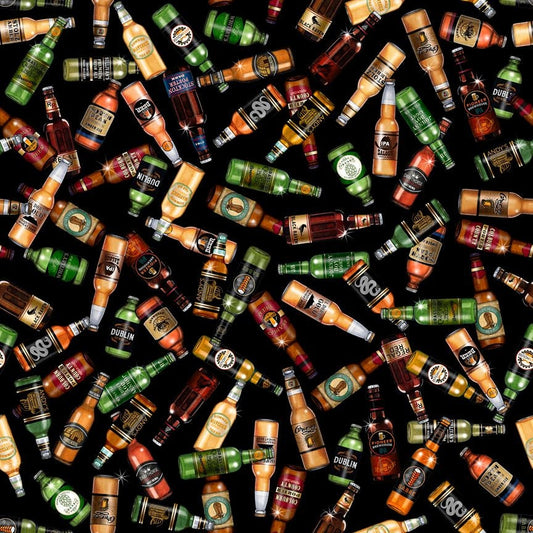 On Tap by Dan Morris Beer Bottles Black 28421J Cotton Woven Fabric