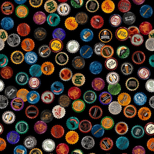 On Tap by Dan Morris Beer Bottle Caps Black 28422J Cotton Woven Fabric