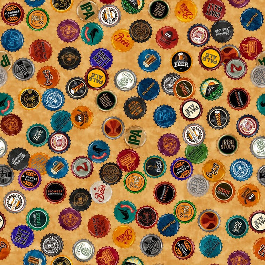 On Tap by Dan Morris Beer Bottle Caps Butterscotch 28422S Cotton Woven Fabric