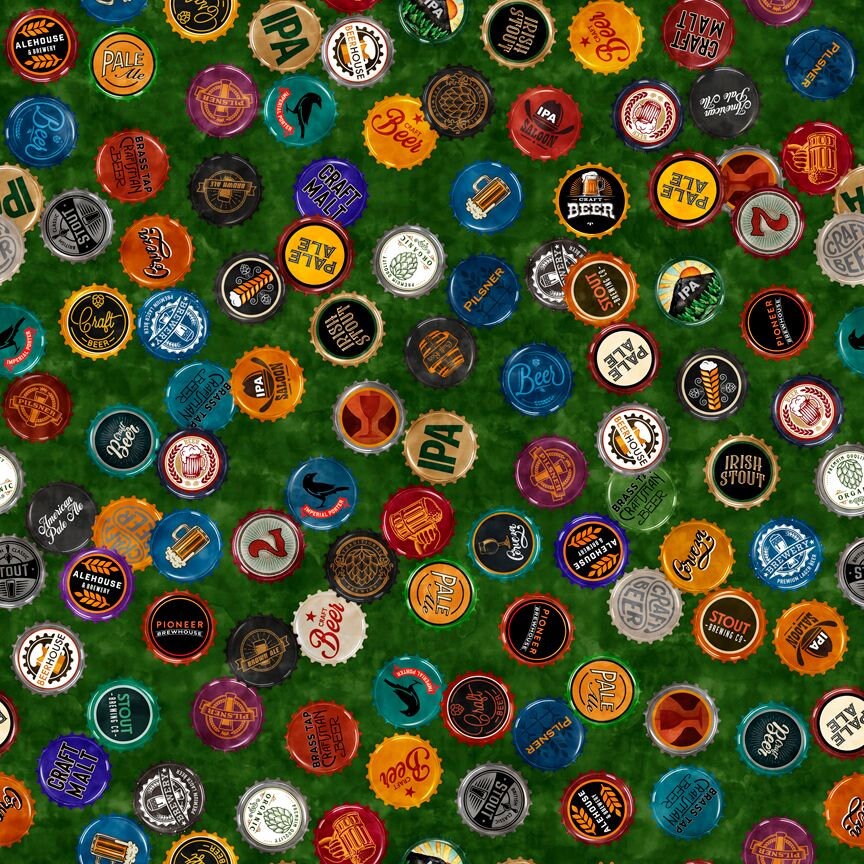 On Tap by Dan Morris Beer Bottle Caps Green 28422F Cotton Woven Fabric