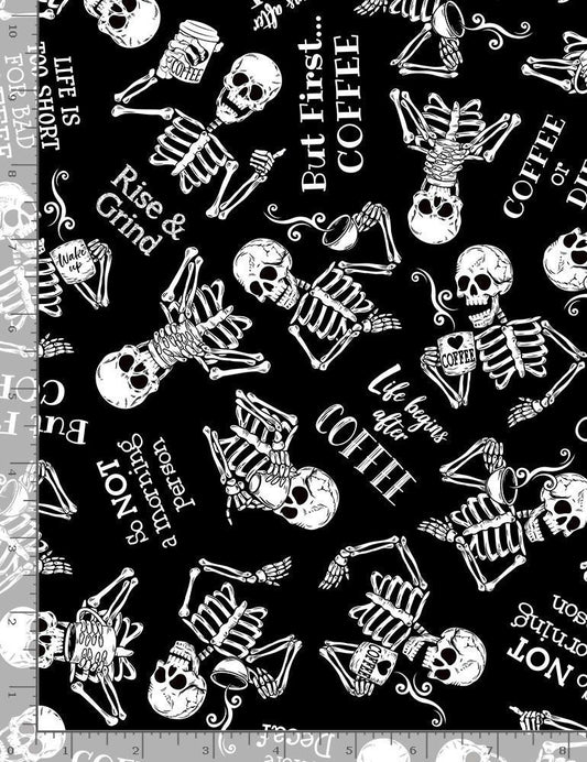 Back to the Grind Tossed Skeletons in Need of Coffee Black COFFEE-C8957-BLACK Cotton Woven Fabric