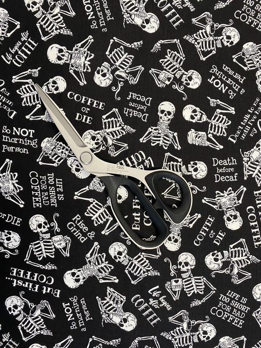 Back to the Grind Tossed Skeletons in Need of Coffee Black COFFEE-C8957-BLACK Cotton Woven Fabric