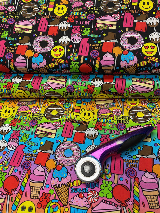 Design by Corey Paige I Want Candy Black 10406-BLACK Cotton Woven Fabric