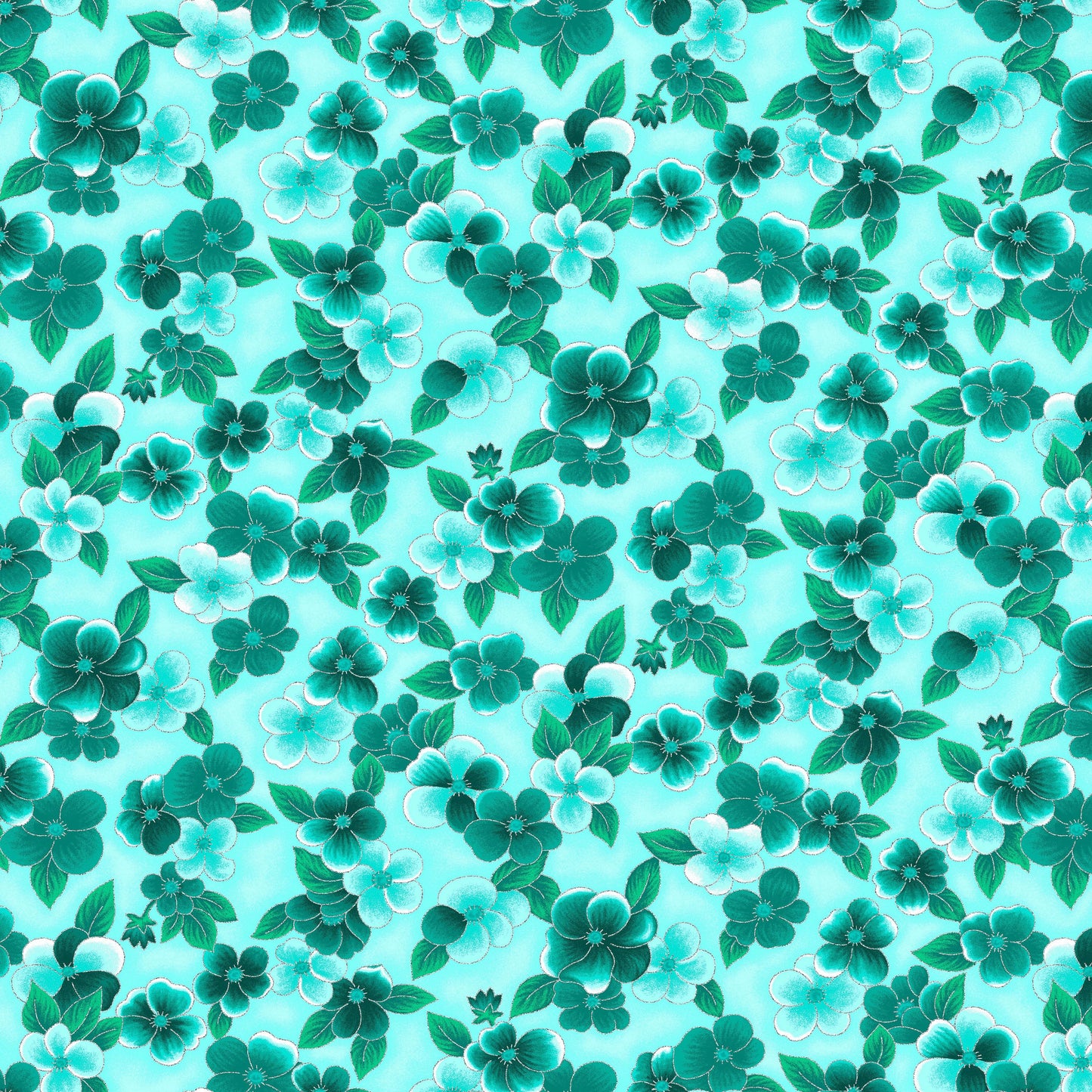 Ovarian Cancer Inspiration Collection Pansy Teal M1764-76 Metallic Cotton Woven Fabric