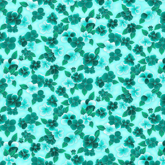 Ovarian Cancer Inspiration Collection Pansy Teal M1764-76 Metallic Cotton Woven Fabric