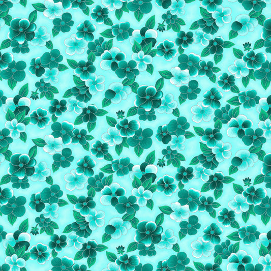 Ovarian Cancer Inspiration Collection Pansy Teal M1764-76 Metallic Cotton Woven Fabric
