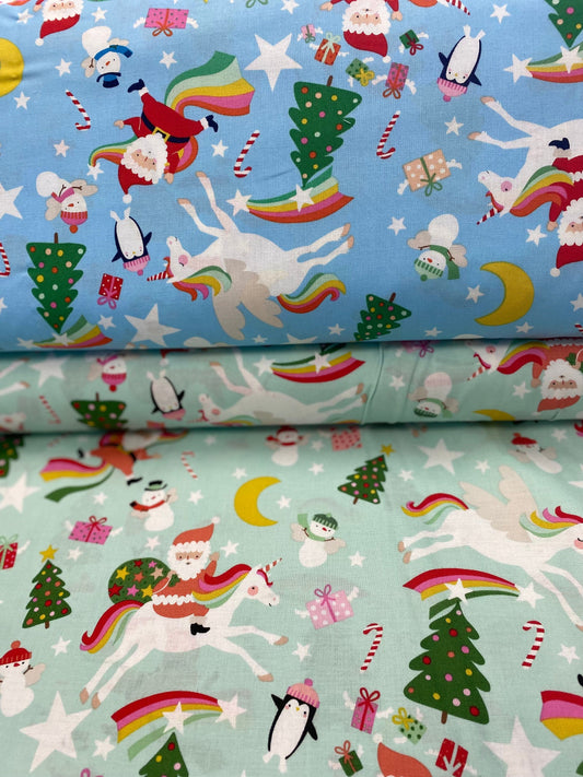 Christmas Time Yuletide Unicorn Pale Aqua 8894B Cotton Woven Fabric