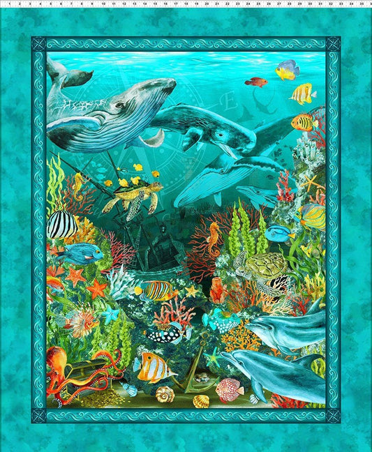 Calypso 2 by Jason Yenter 36" Panel Teal 20cal-2 Cotton Woven Fabric Panel
