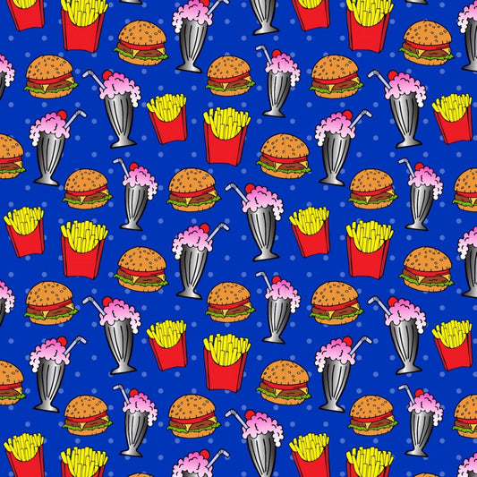 Design by Corey Paige Burgers, Fries & Milkshakes Blue 10409-X Cotton Woven Fabric
