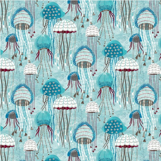 Fanciful Sea Life Jolly Jellyfish Aqua DCX9954-AQUA Cotton Woven Fabric