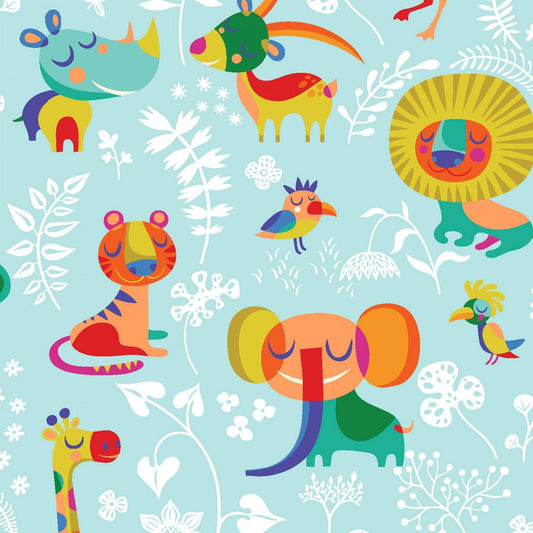 Sleepy Time by Helen Dardik Jungle Animal Light Aqua Y3342-32 Cotton Woven Fabric