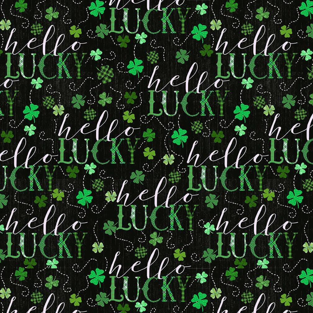 Hello Lucky by Andrea Tachiera Word Print Black/Green 9738-69 Cotton Woven Fabric