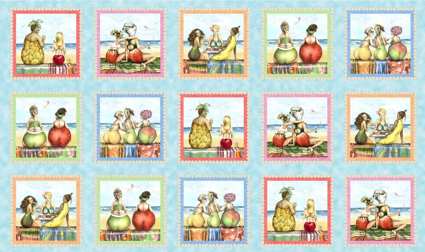 Fruit Ladies by Mary Stewart 24" Block Panel Blue 1521E-BLUE Cotton Woven Panel