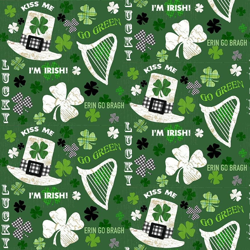 Hello Lucky by Andrea Tachiera Irish Motifs and Words Green 9733-66 Cotton Woven Fabric