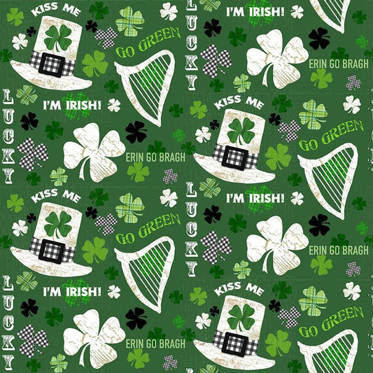 Hello Lucky by Andrea Tachiera Irish Motifs and Words Green 9733-66 Cotton Woven Fabric