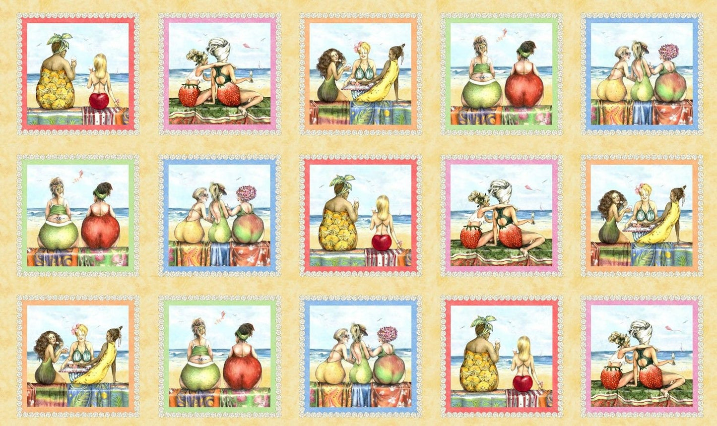 Fruit Ladies by Mary Stewart 24" Block Panel Sand 1521E-SAND Cotton Woven Fabric Panel