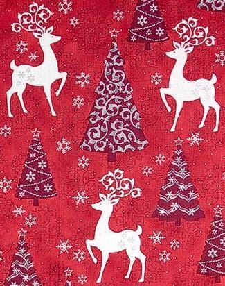 Celebrate the Season Reindeer on Red Cotton Woven Fabric