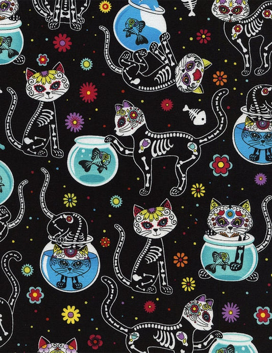 Day of the Dead Pets Cat Skeleton & Fishbowls Black CAT-C4159 Cotton Woven Fabric