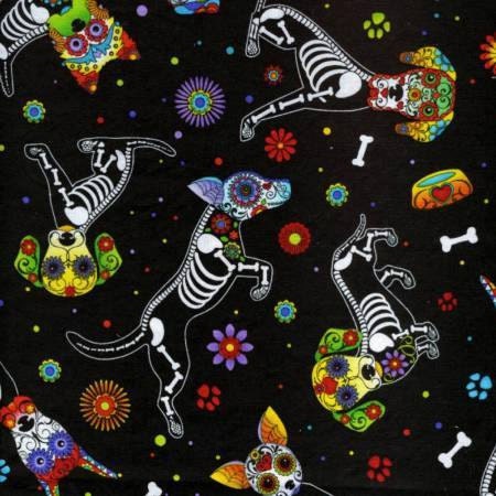 Day of the Dead Dogs on Black Dog-C4640 Black Cotton Woven Fabric