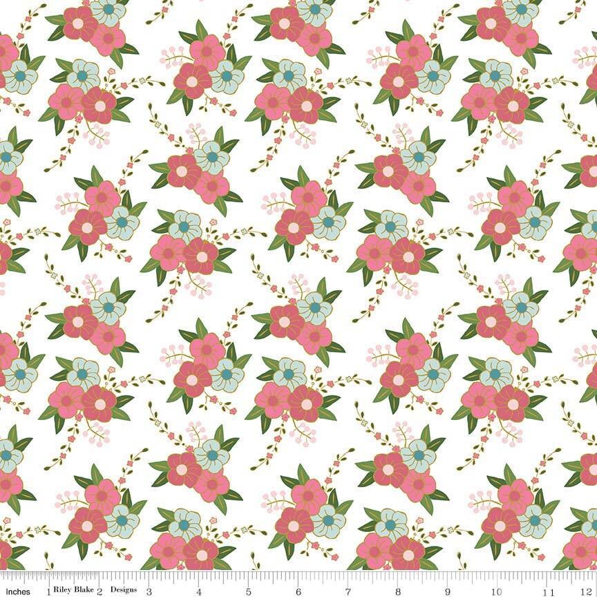 Wonderland Floral Sparkle w/metallic on white 5181-white Cotton Woven Fabric