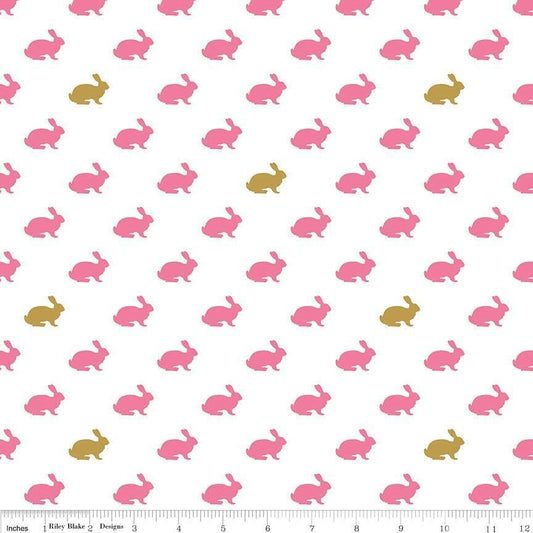 Wonderland Sparkle Bunny Pink and Gold Sparkle C5182-White.  Cotton Woven Fabric