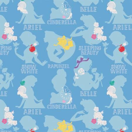 Licensed Disney Princess Silhouettes Blue Cotton Woven Fabric