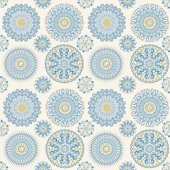 Celestial Sol Ecru Mandalas Blue and Ivory Cotton Woven Fabric