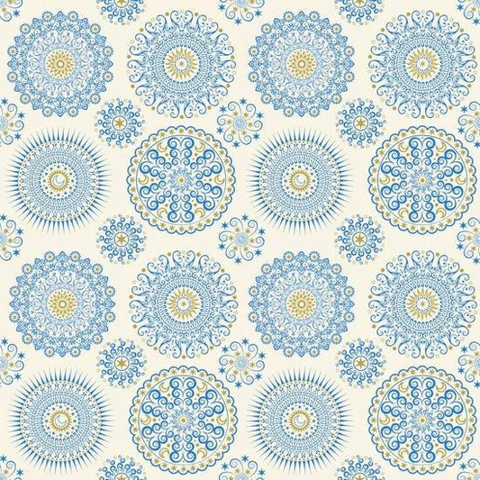 Celestial Sol Ecru Mandalas Blue and Ivory Cotton Woven Fabric