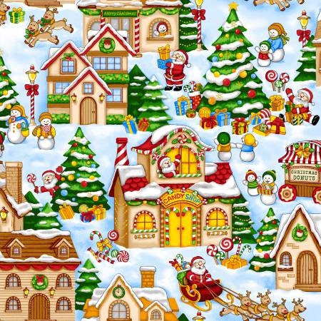 Season's Greetings Snow Santa Scenic Christmas Village Cotton Woven Fabric